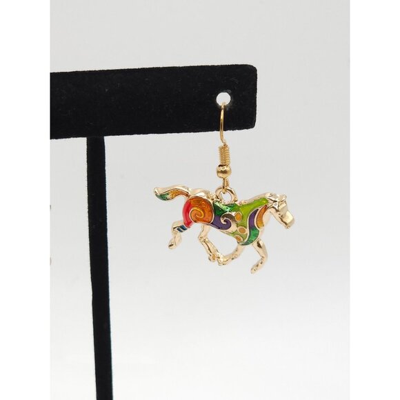Gold-Tone Horse Earrings with Colorful Enamel Swirl Design Dangle Style Lightwei - Picture 10 of 12